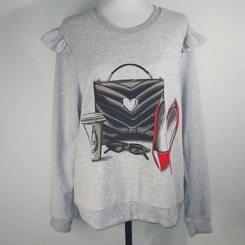 Love + Lace Grey Paris Fashion Rhinestone Details L/S Ruffle Sweater Size XL